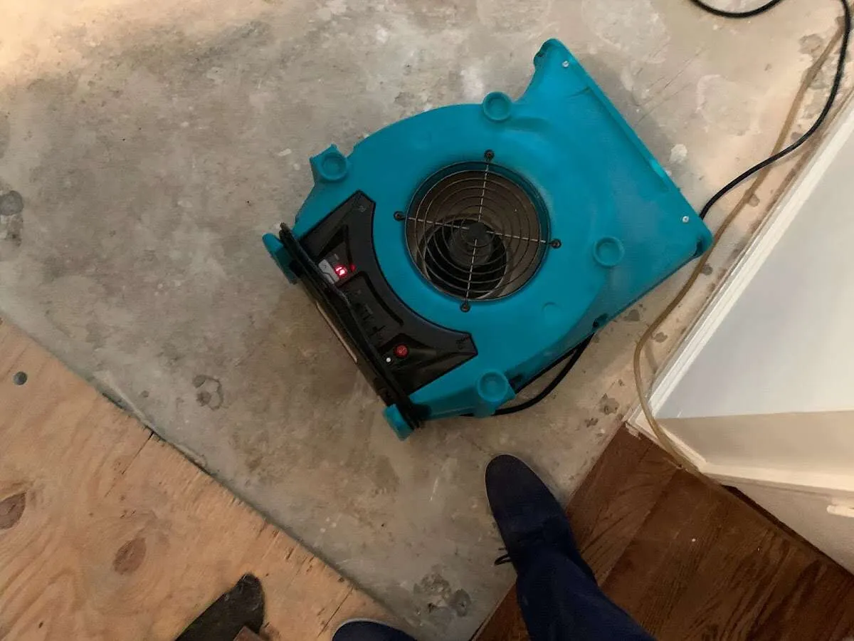 Air mover drying subfloor during Leak Detection & Repair in Lakeland Village